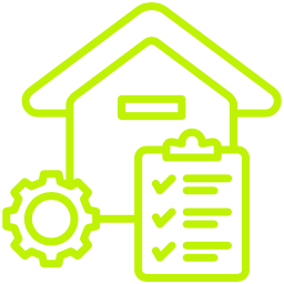 Neonowy znak przedstawiający dom i koło zębate, symbolizujące technologię i innowacje w budownictwie